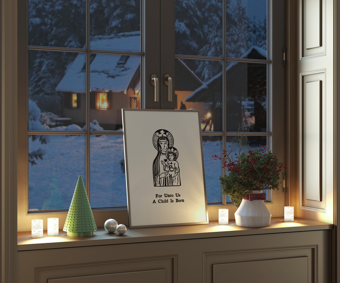 For Unto Us A Child Is Born Madonna And Child Woodcut Poster - Image 3