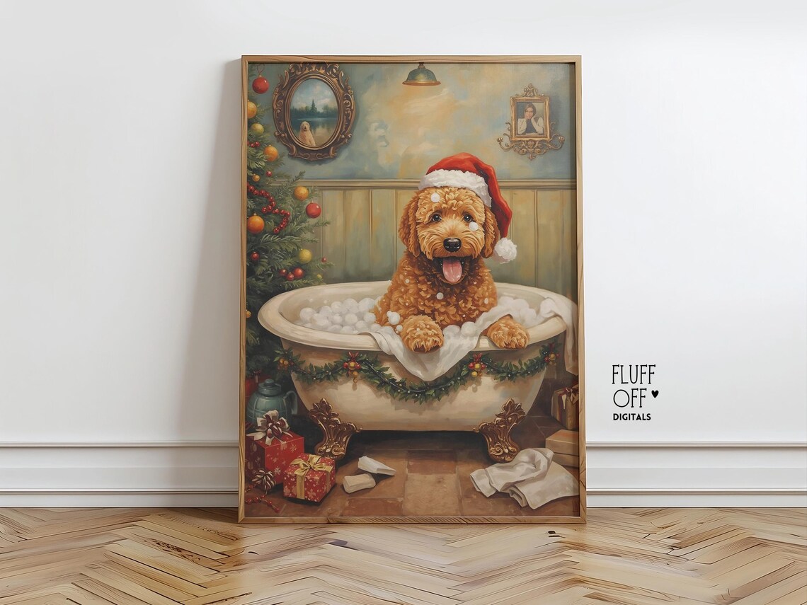 Goldendoodle Puppy In Christmas Bathtub Vintage Style Holiday Art Poster