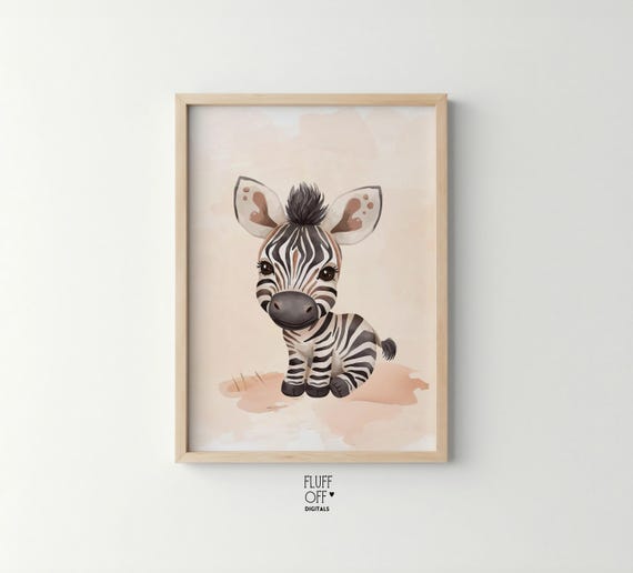 Adorable Baby Zebra Watercolor Art Cute Nursery Safari Animal Decor Minimalist Kids Wall Soft Neutral Tones Print