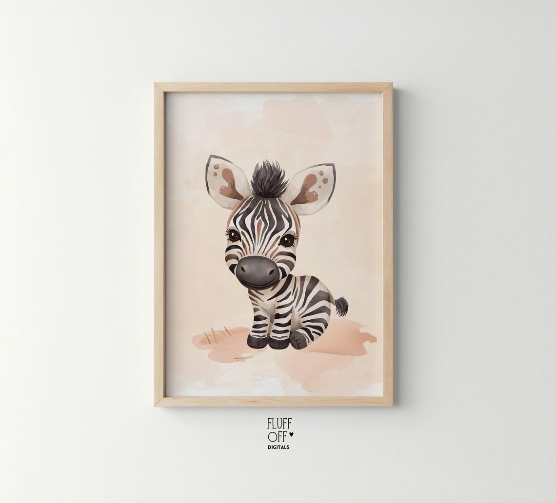 Adorable Baby Zebra Watercolor Cute Safari Nursery Kids Room Wall Art