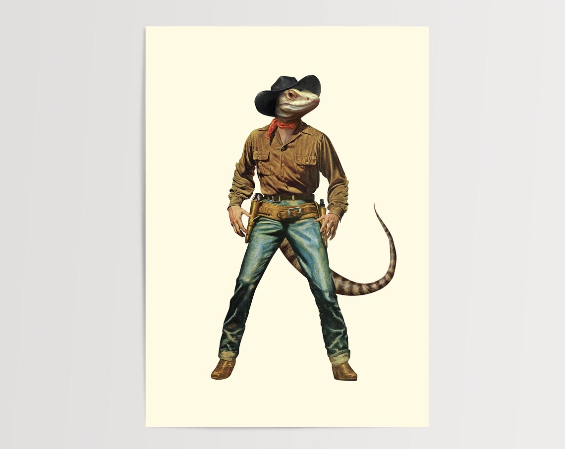 Lizardboy Cowboy Retro Animal Wall Art Print