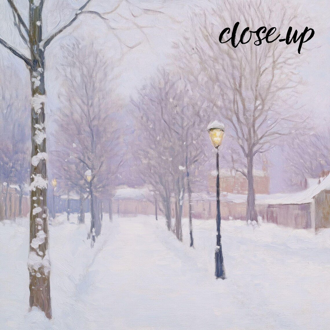 Quiet Snowy Village Street with Lamppost and Cottages in Soft Winter Light Poster - Image 3