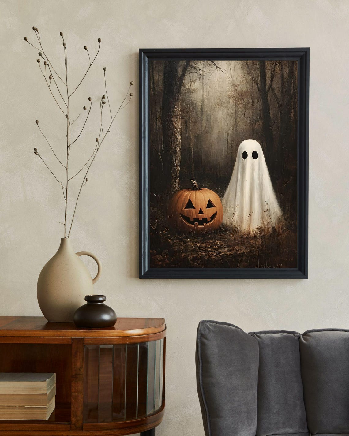 Ghost and Jack O Lantern Moody Dark Forest Gothic Halloween Art Poster - Image 2