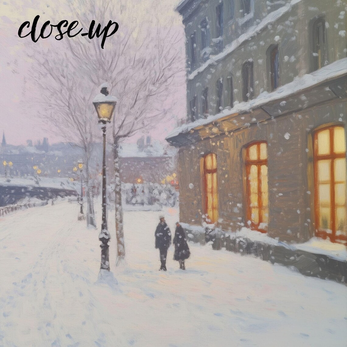 Snowy Riverside Quay with Arched Bridge and Lampposts at Dusk Painting Poster - Image 4