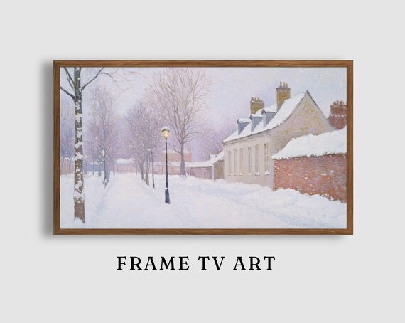 Quiet Snowy Village Street with Lamppost and Cottages in Soft Winter Light Poster