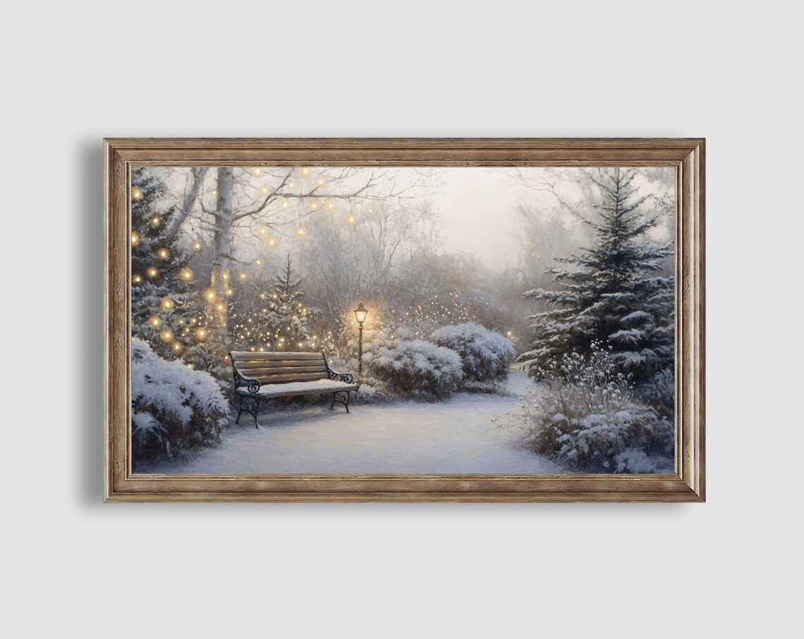 Snowy Park Bench Twinkle Lights Winter Night Garden Landscape Art Poster - Image 2