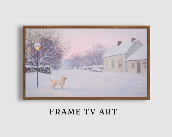 Golden Retriever Puppy in Snowy Village Street Winter Lamp Light Art Poster