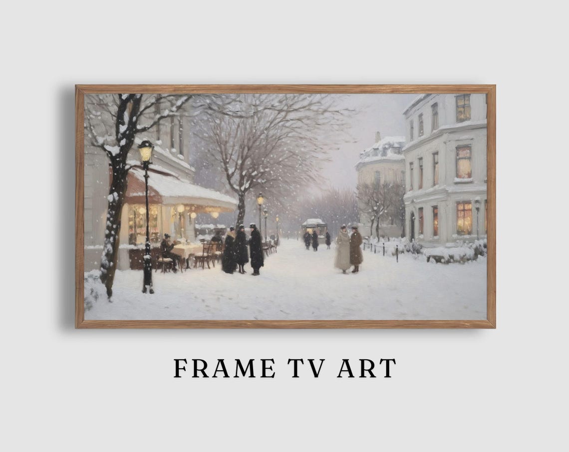 Snowy Street Café Awning Pedestrians Winter City Scene Poster