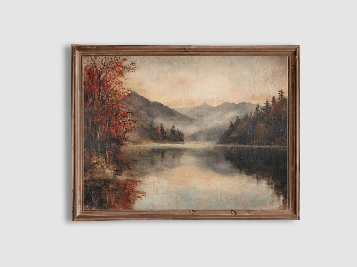 Misty Autumn Lake Vintage Style Mountain Reflection Landscape Poster