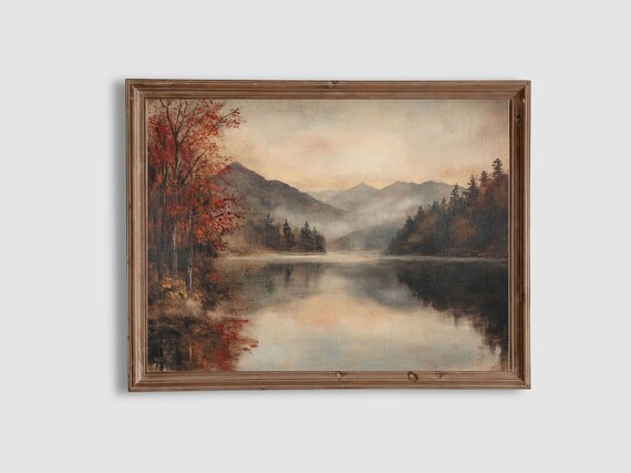 Misty Autumn Lake Vintage Style Mountain Reflection Landscape Poster