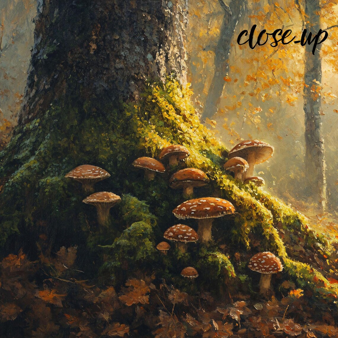 Red Capped Mushrooms at Mossy Tree Base Sunlit Autumn Woodland Art Poster - Image 4