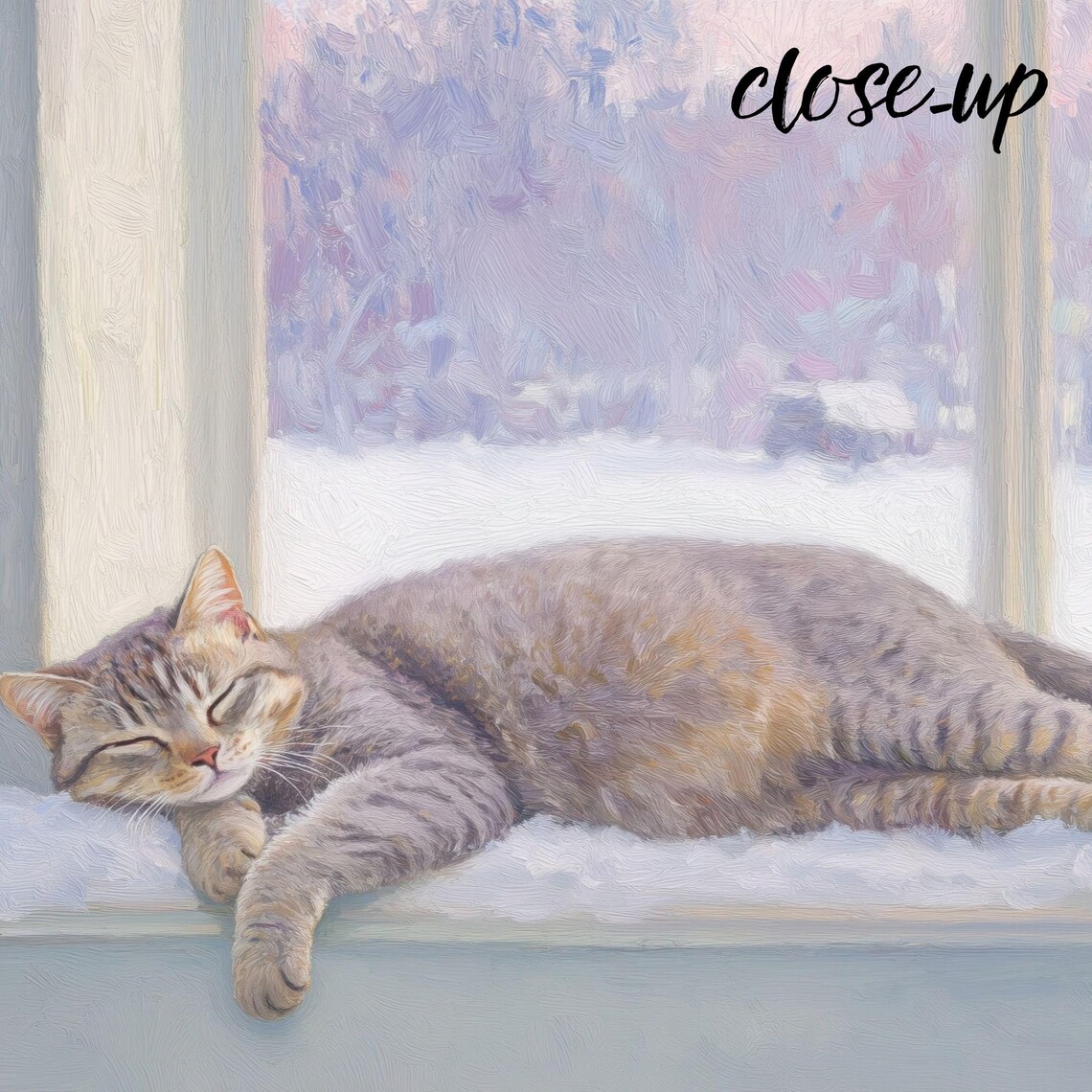 Sleeping Grey Tabby Cat on a Snowy Windowsill by the Fireplace Painting Poster - Image 3