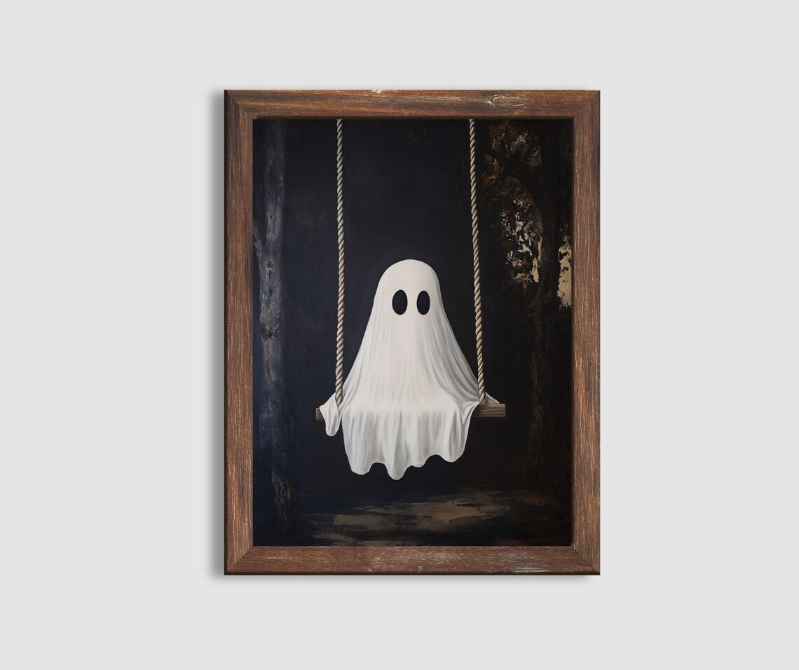 Cute Ghost Sitting on Swing Dark Moody Halloween Painting Poster - Image 4