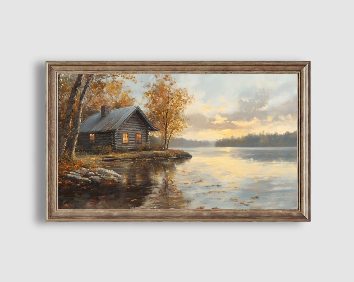 Rustic Log Cabin by Golden Lake Sunset Autumn Lakeshore Art Poster - Image 2