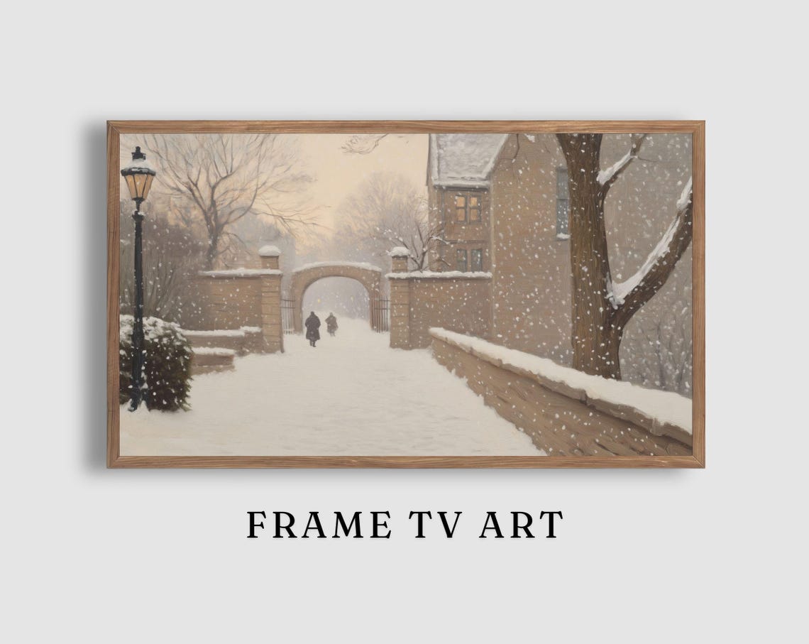 Snowy Courtyard Stone Arch Gate Lamppost Winter Scene Poster
