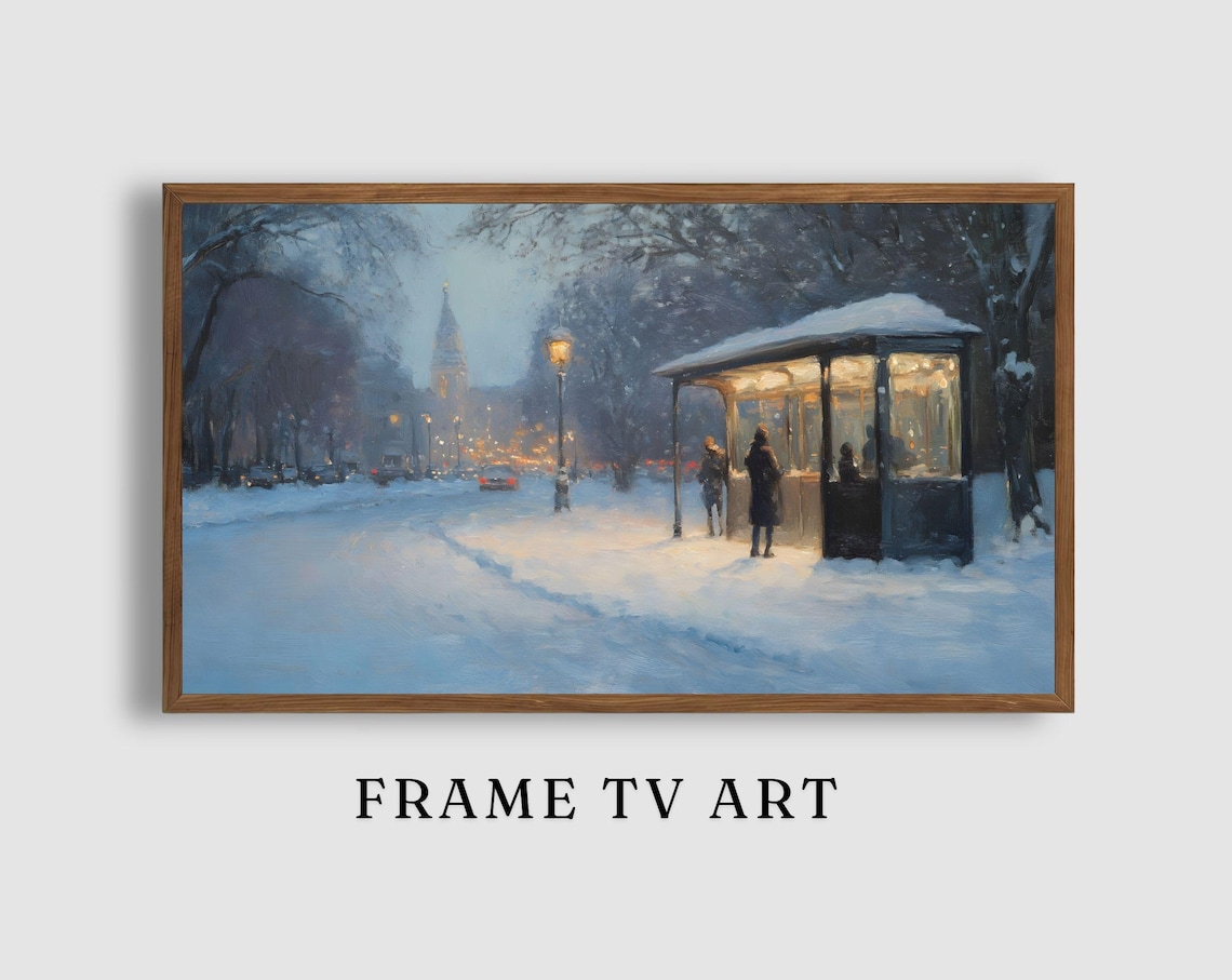 Snowy City Bus Stop Dusk Street Lamps Winter Urban Evening Art Poster