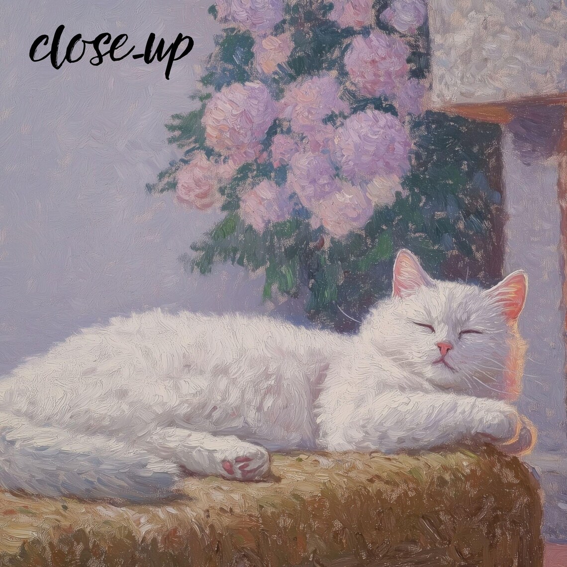 White Cat Sleeping by a Glowing Fireplace with Pink Roses Painting Poster - Image 3