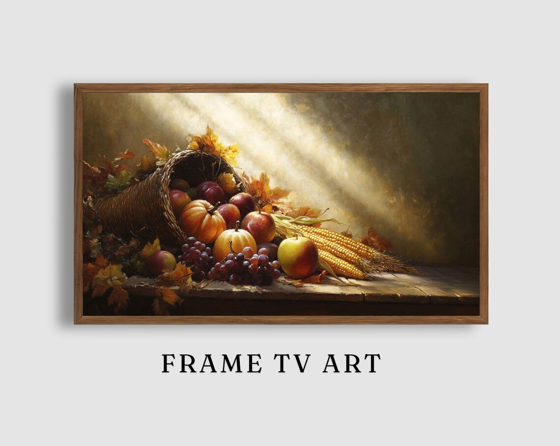 Thanksgiving Cornucopia Harvest Fruit Corn Dramatic Light Still Life Art Poster