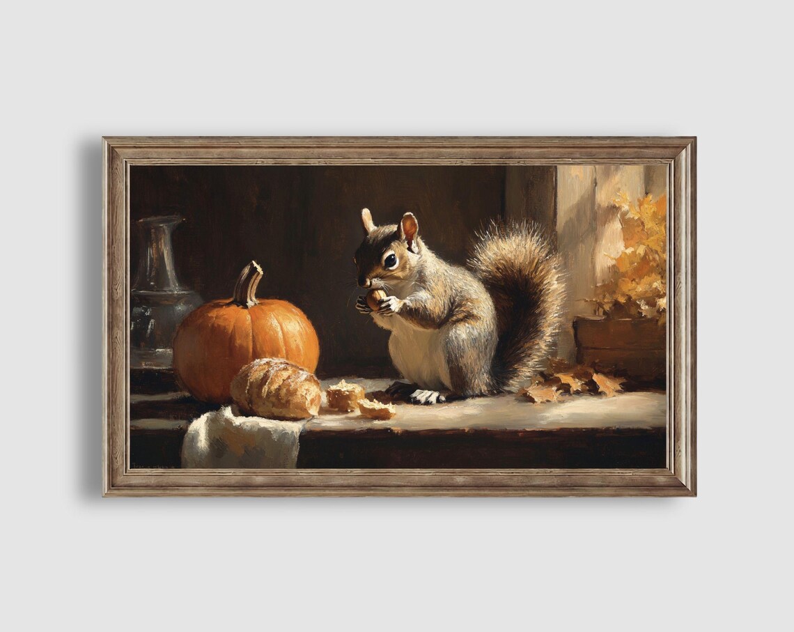 Gray Squirrel Eating Nut with Pumpkin and Bread Rustic Autumn Still Life Art Poster - Image 2