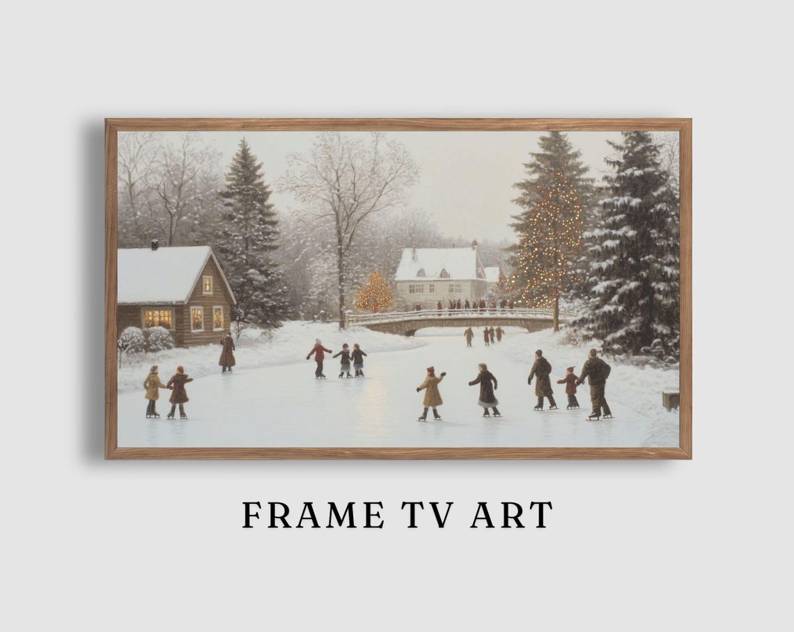 Village Ice Skaters Frozen Pond Lit Trees Winter Village Poster