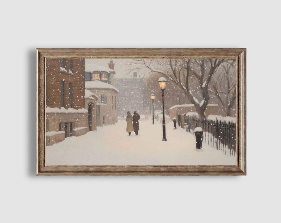 Couple Strolling Snowy Brick Street Lampposts Winter Scene Poster - Image 2