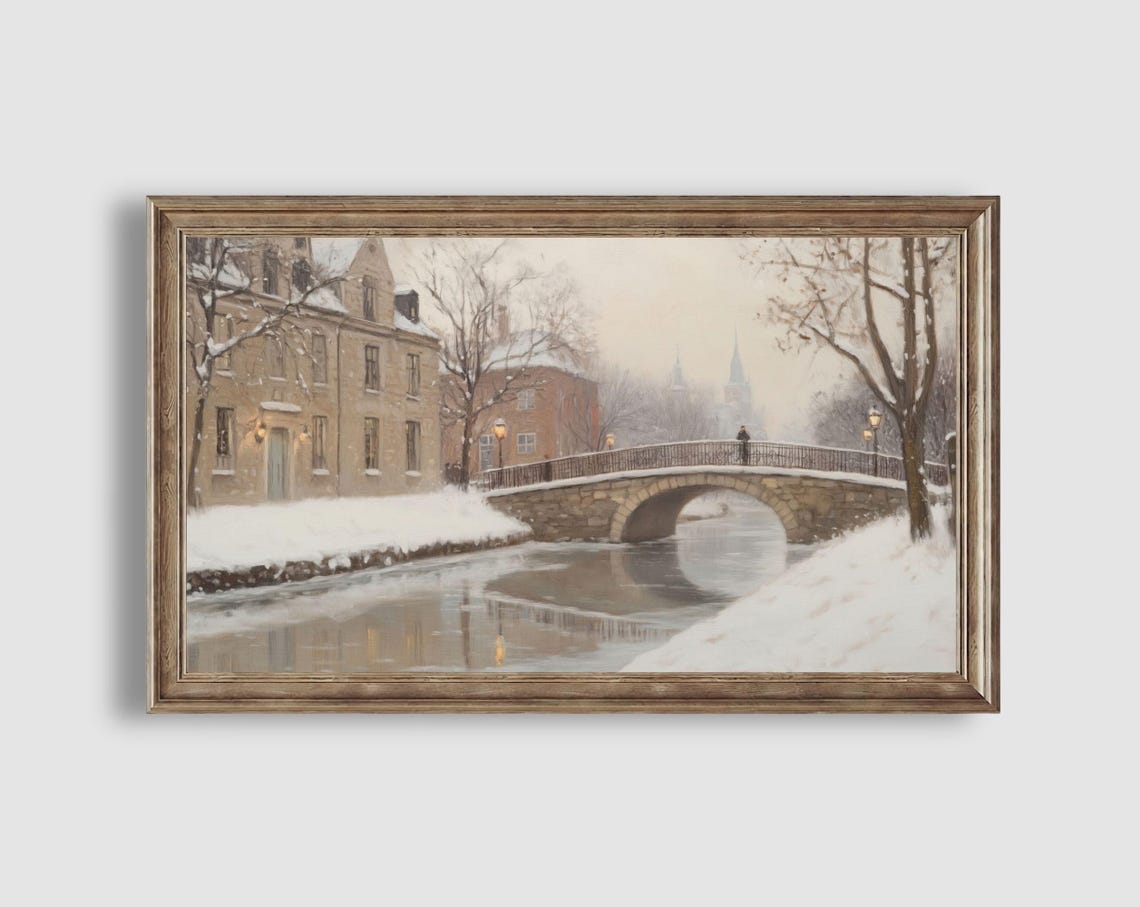 Snowy Stone Bridge Canal Old Town Winter Village Scene Poster - Image 2
