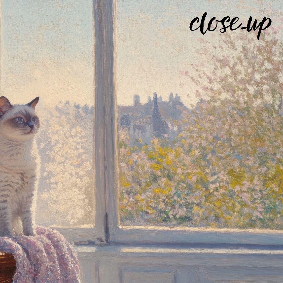Cream Colorpoint Cat Sitting by a Sunny Window with a Blue Teapot Painting Poster - Image 3