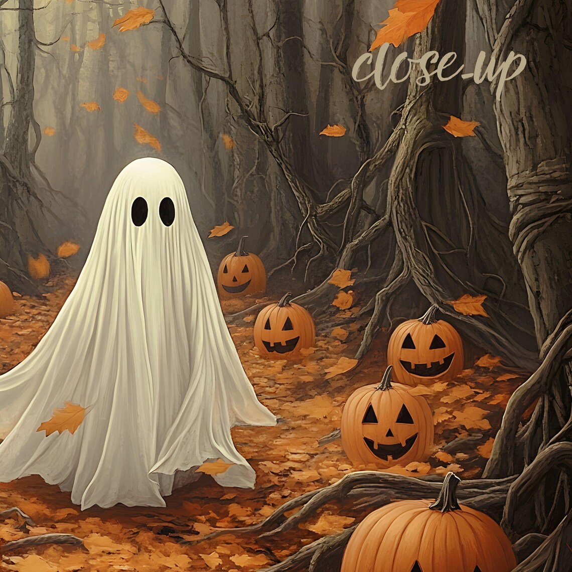 Cute Ghost Among Jack O Lanterns Spooky Autumn Forest Halloween Art Poster - Image 3