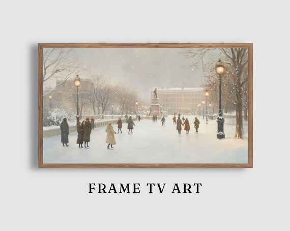 Vintage Ice Skaters Snowy City Plaza Charming Winter Painting Poster