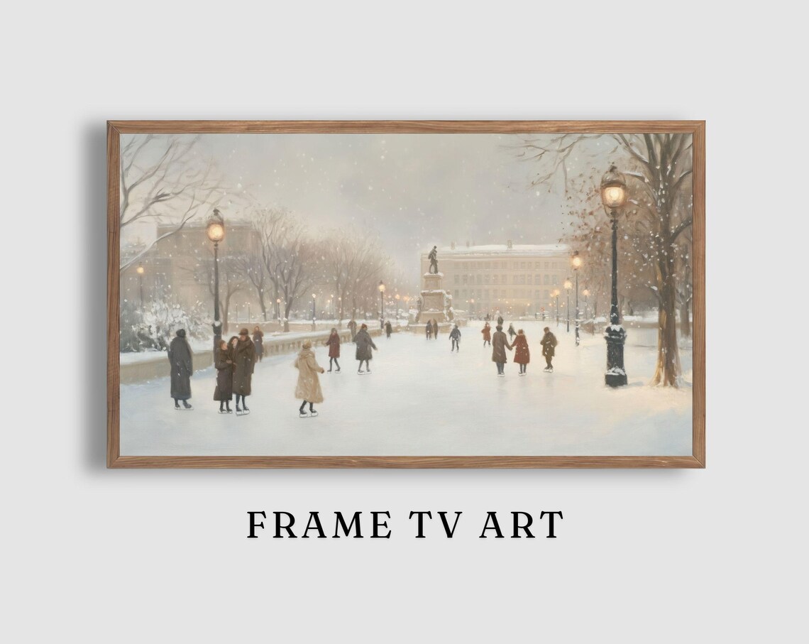 Vintage Ice Skaters Snowy City Plaza Charming Winter Painting Poster