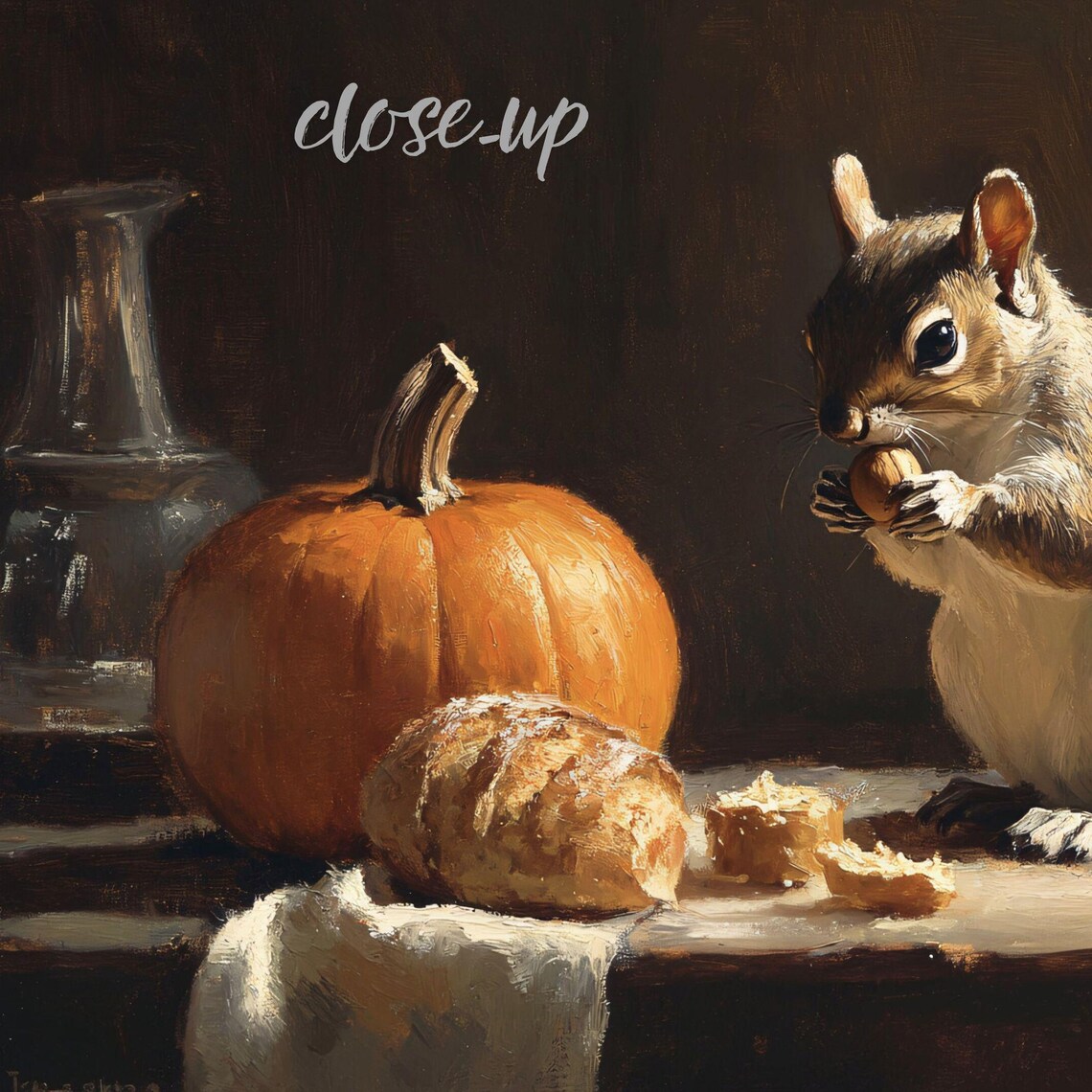 Gray Squirrel Eating Nut with Pumpkin and Bread Rustic Autumn Still Life Art Poster - Image 3
