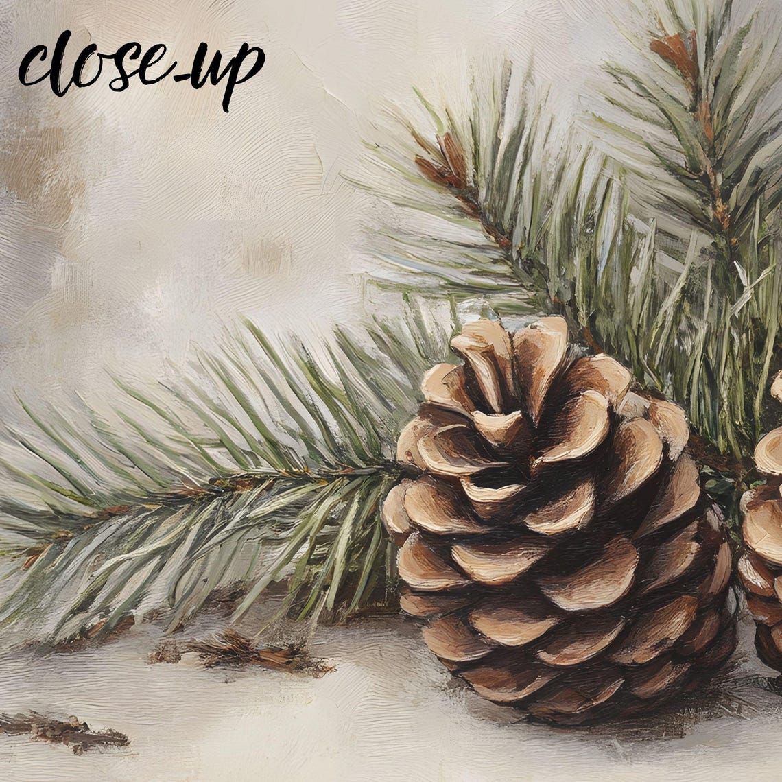 Rustic Pinecones and Evergreen Branch Snowy Winter Still Life Poster - Image 3