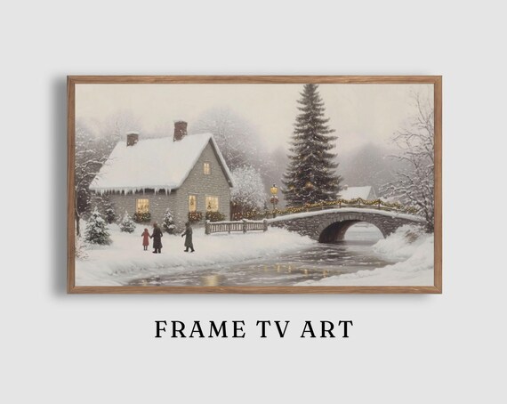 Snowy Cottage Christmas Scene Skaters Bridge Holiday Village Poster