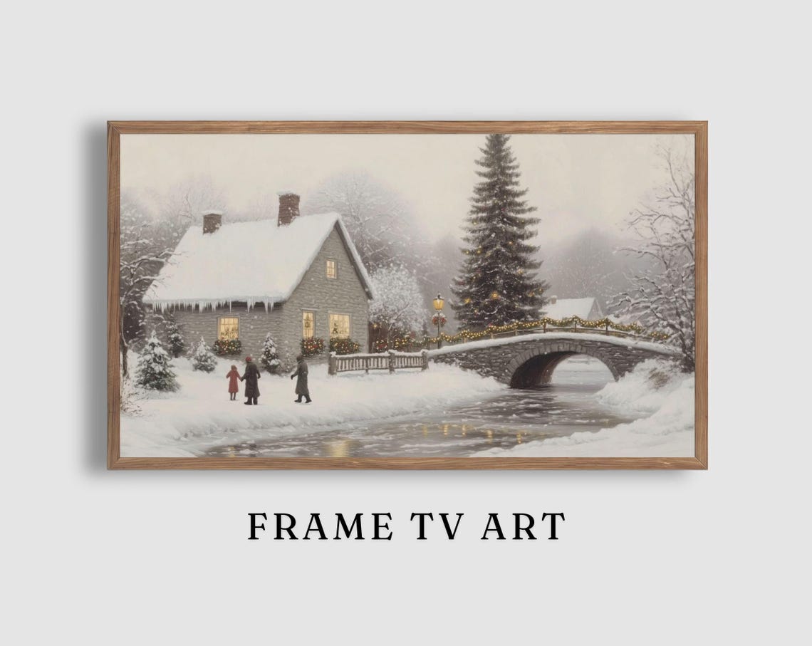 Snowy Cottage Christmas Scene Skaters Bridge Holiday Village Poster