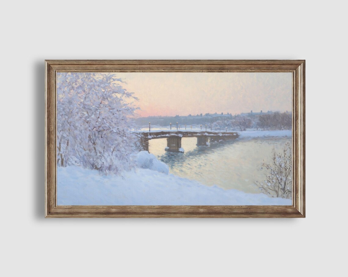 Snowy River Bridge at Pink Dawn with Frosted Trees Winter Painting Poster - Image 2