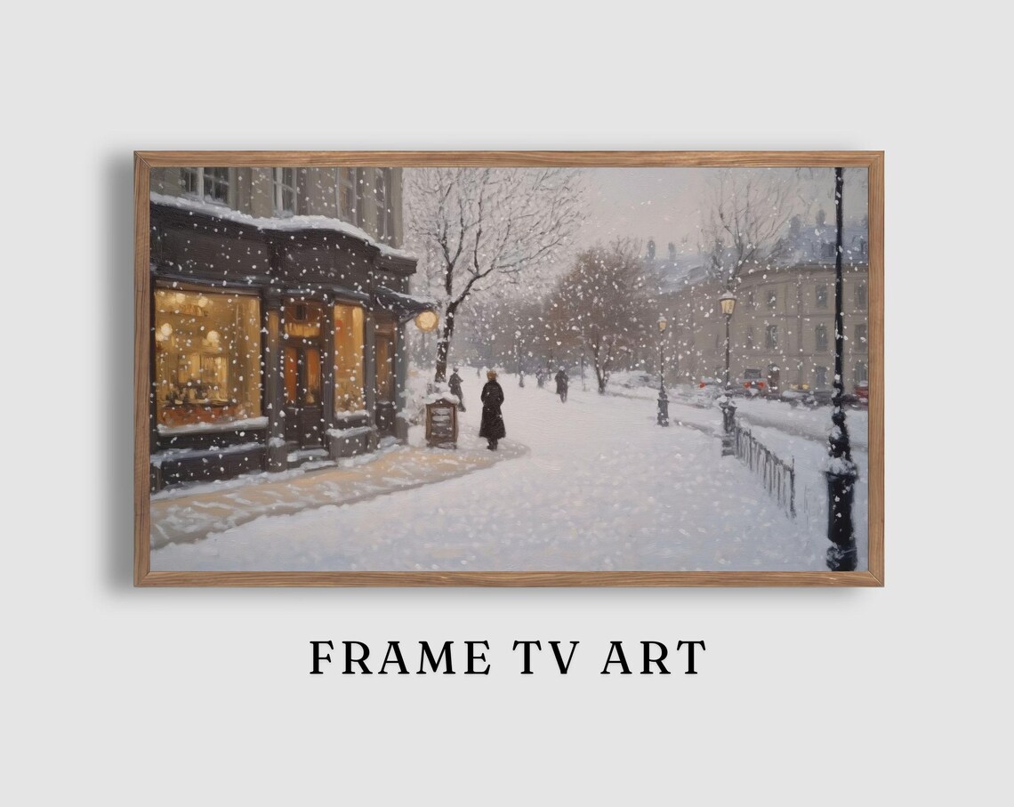 Snowy Winter City Street with Glowing Shop Windows and Falling Snow Poster