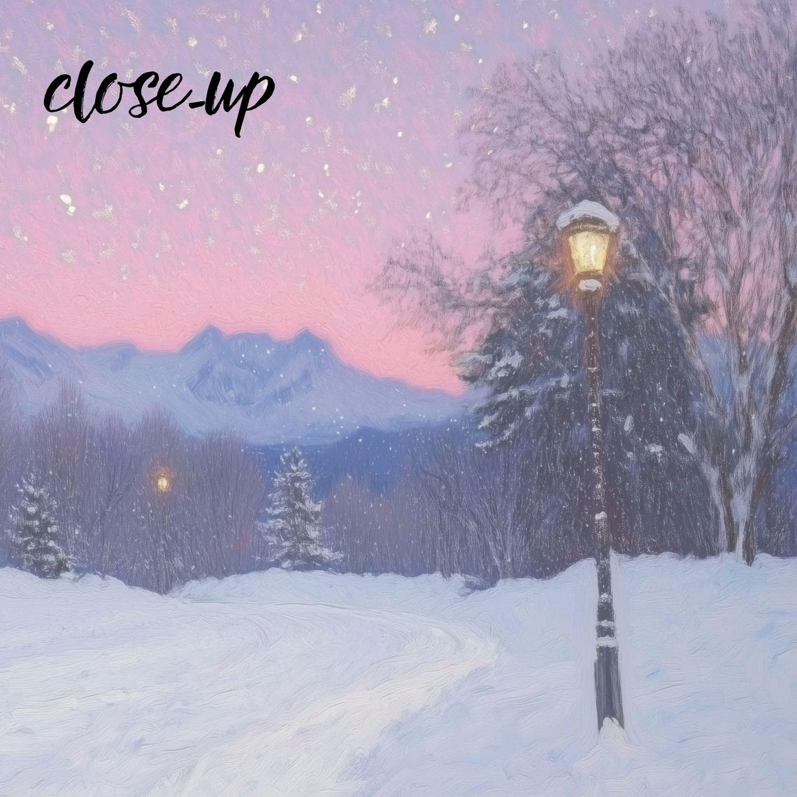 Cozy Winter Cabin Pink Sunset Snowy Mountain Landscape Poster - Image 3