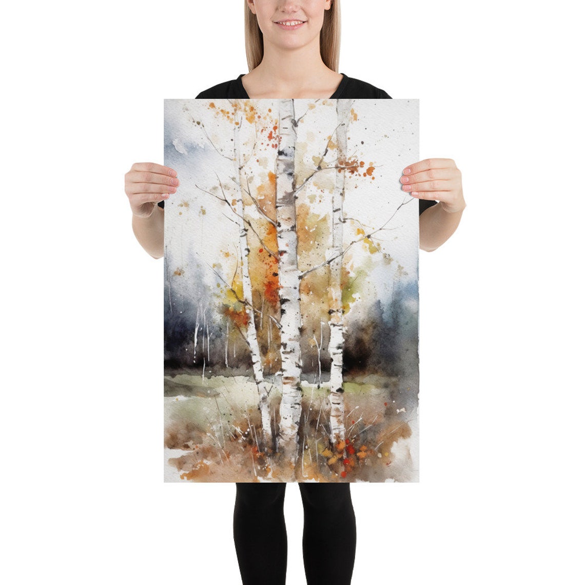 Autumn Birch Trees Watercolor Fall Foliage Golden Orange Forest Poster - Image 2