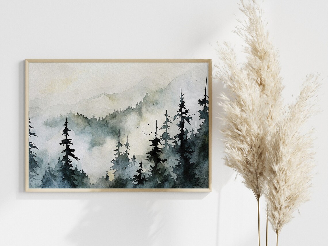 Misty Pine Forest Painting Appalachian Mountains Art Print Mountain Landscape Evergreen Trees Wall Art - Image 3