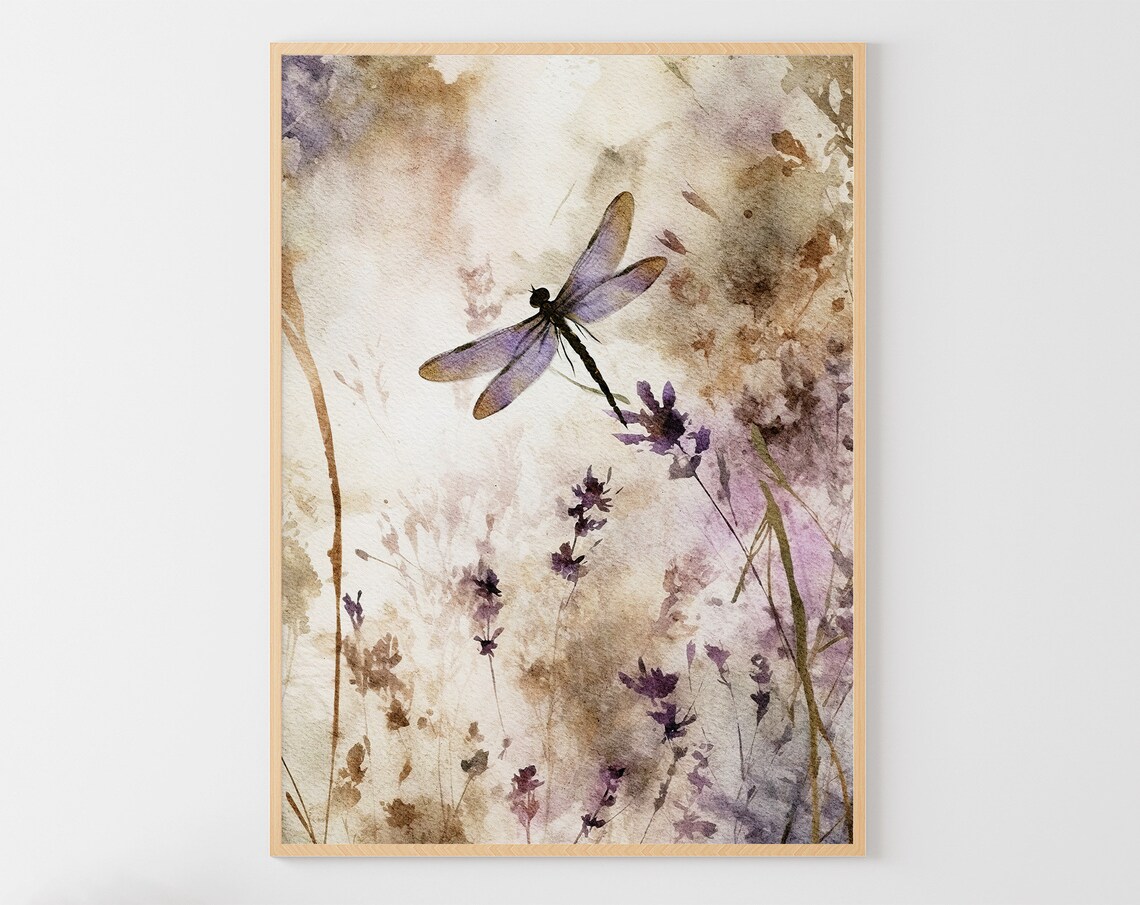 Dragonfly Watercolor Lavender Floral Art Print