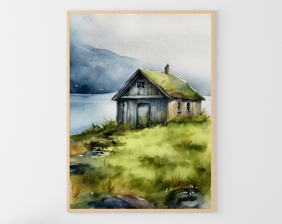 Old Cabin Painting Norwegian Landscape Watercolor Scandinavian Wall Art Fjords Art Print
