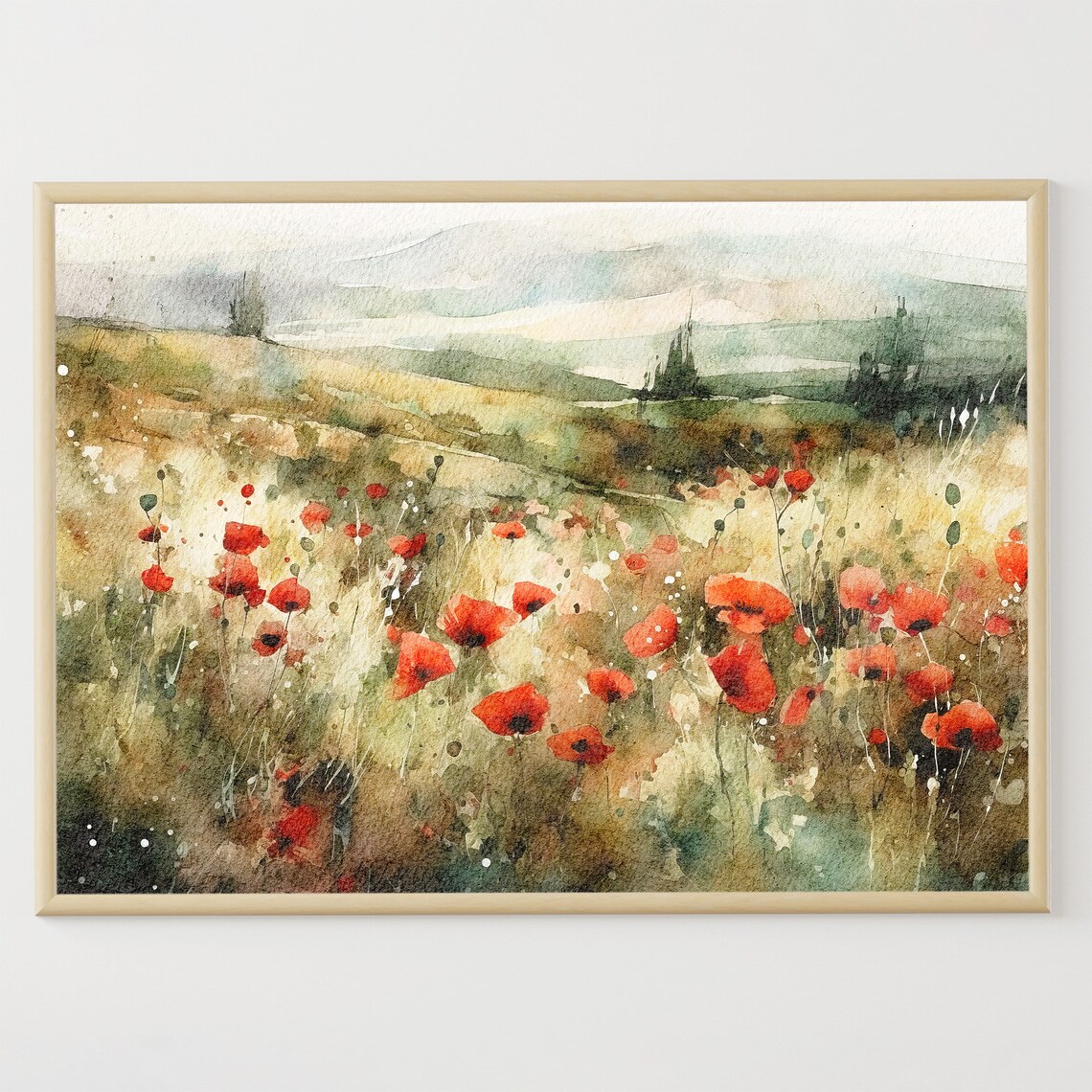 Tuscany Poppy Field Watercolor Landscape Art Print