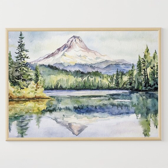 Trillium Lake Watercolor Print Oregon Landscape Painting Mount Hood Artwork Forest Lake Wall Art