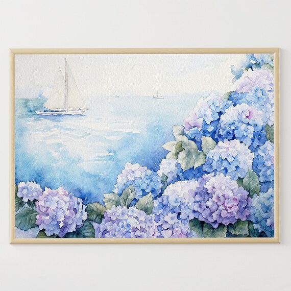 Cape Cod Sailboat Blue Hydrangeas Nautical Beach House Watercolor Poster