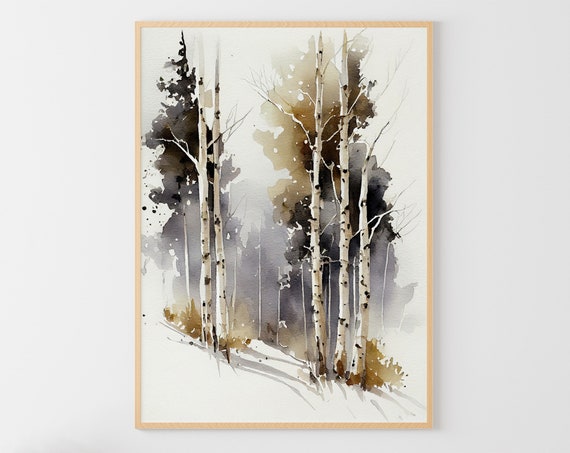 Birch Forest Watercolor Art Print, Winter Landscape