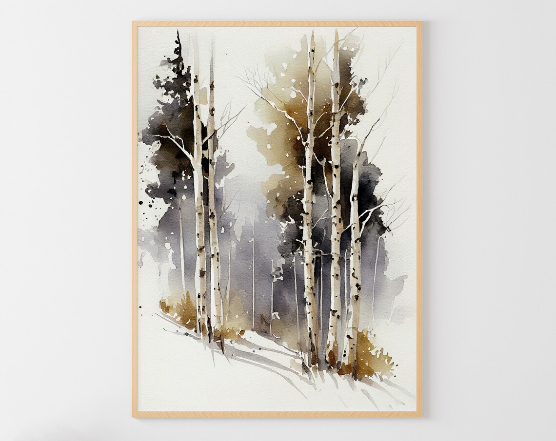 Birch Forest Watercolor Art Print, Winter Landscape