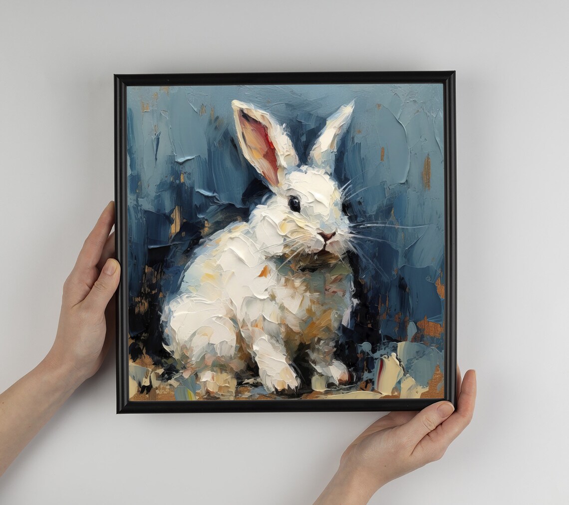 Cute Rabbit Oil Painting Art Print, White Rabbit - Image 3