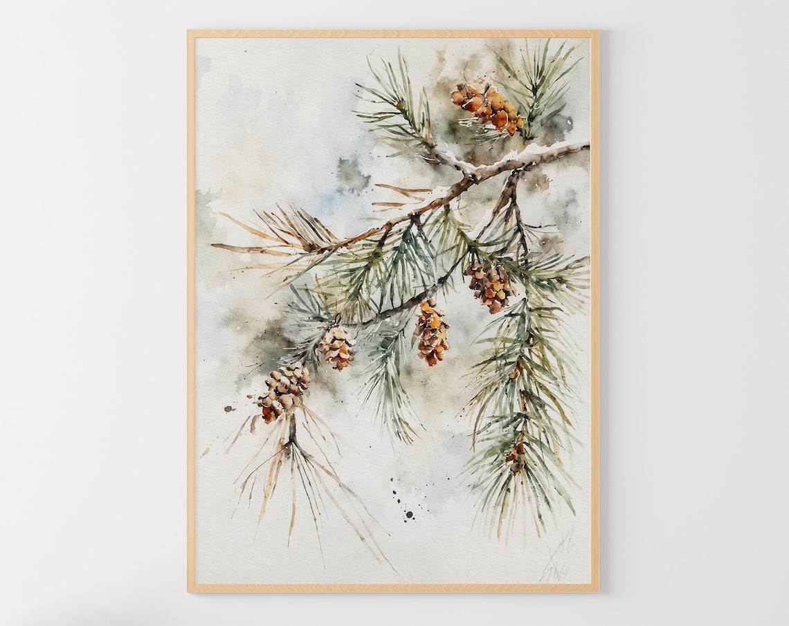 Pine Branch and Pine Cone Watercolor Art Print