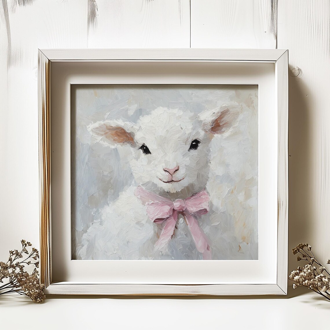 Cute Lamb Oil Painting, Pink Bow Kids Room Art Print - Image 4