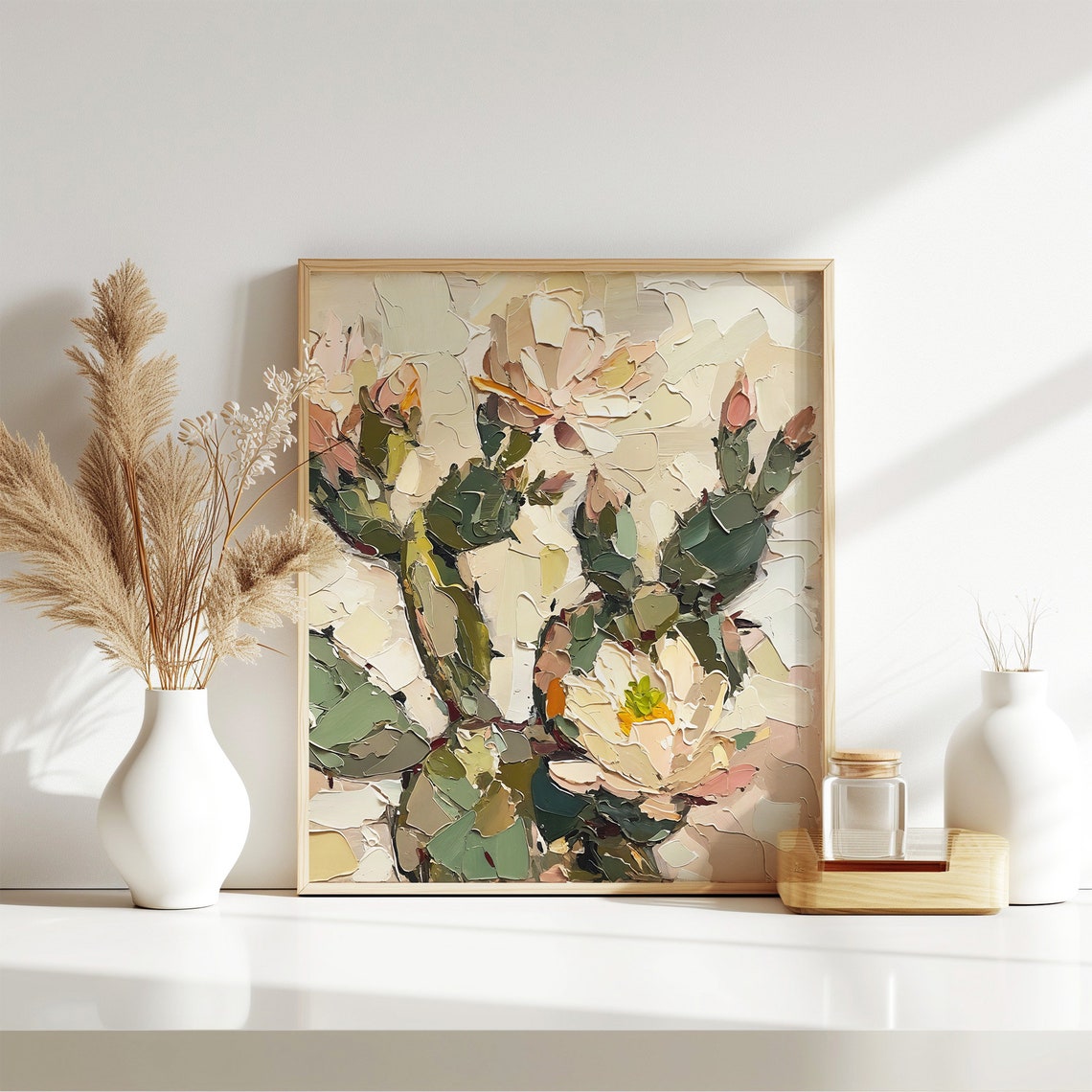 Flowering Prickly Pear Cactus White Blossoms Textured Oil Art Print - Image 5